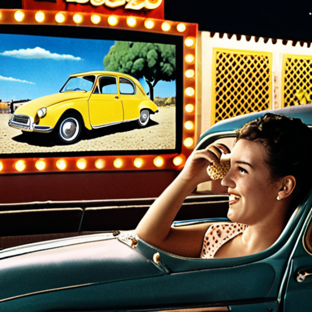 **Image Prompt:** A vintage car, maybe a classic SEAT or a colorful Citroën, parked at a drive-in movie theater on a warm summer night in Spain. The screen shows a classic Spanish film. In the car, a family enjoys "pipas" (sunflower seeds) and "horchata," with the city lights twinkling in the background. Focus on creating a nostalgic and joyful atmosphere.