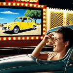 **Image Prompt:** A vintage car, maybe a classic SEAT or a colorful Citroën, parked at a drive-in movie theater on a warm summer night in Spain. The screen shows a classic Spanish film. In the car, a family enjoys "pipas" (sunflower seeds) and "horchata," with the city lights twinkling in the background. Focus on creating a nostalgic and joyful atmosphere.