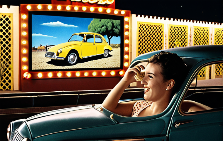 **Image Prompt:** A vintage car, maybe a classic SEAT or a colorful Citroën, parked at a drive-in movie theater on a warm summer night in Spain. The screen shows a classic Spanish film. In the car, a family enjoys "pipas" (sunflower seeds) and "horchata," with the city lights twinkling in the background. Focus on creating a nostalgic and joyful atmosphere.