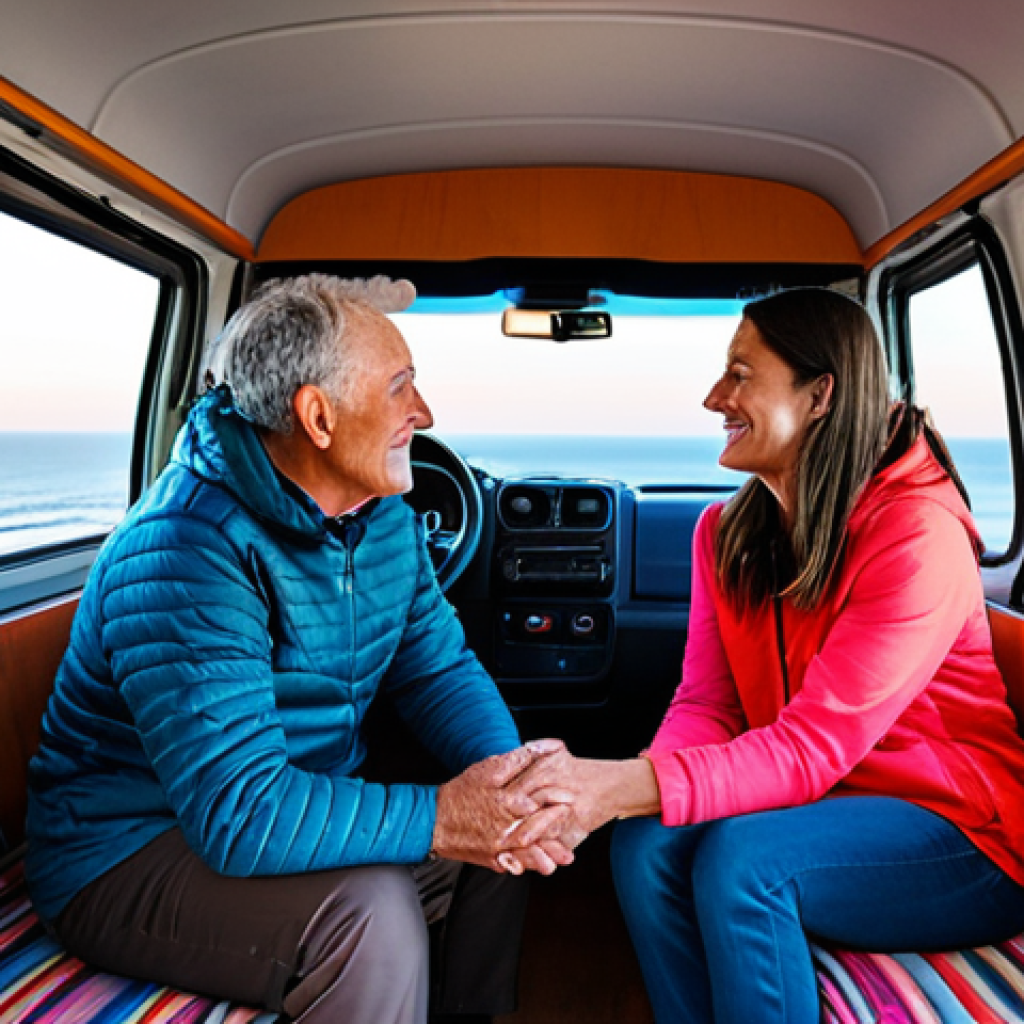 **Subject:** A mature man and woman, a couple, are sharing a peaceful moment.
    **Clothing:** Both are fully clothed in comfortable, modest travel attire, appropriate for outdoor leisure.
    **Environment:** They are sitting just inside the open door of a modern, well-maintained campervan. The stunning view outside is a vibrant sunset over the rugged coast of Cádiz, Spain. The sky is painted with breathtaking oranges, pinks, and deep violets, with the gentle murmur of waves visible in the distance.
    **Details:** Their expressions are serene and content, reflecting a shared appreciation of the beautiful scenery. The interior of the campervan is tidy and functional.
    **Quality & Safety:** Professional photography, high resolution, soft natural light, perfect anatomy, correct proportions, well-formed hands, proper finger count, natural body proportions, safe for work, appropriate content, fully clothed, modest clothing, family-friendly.
