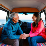 **Subject:** A mature man and woman, a couple, are sharing a peaceful moment.
    **Clothing:** Both are fully clothed in comfortable, modest travel attire, appropriate for outdoor leisure.
    **Environment:** They are sitting just inside the open door of a modern, well-maintained campervan. The stunning view outside is a vibrant sunset over the rugged coast of Cádiz, Spain. The sky is painted with breathtaking oranges, pinks, and deep violets, with the gentle murmur of waves visible in the distance.
    **Details:** Their expressions are serene and content, reflecting a shared appreciation of the beautiful scenery. The interior of the campervan is tidy and functional.
    **Quality & Safety:** Professional photography, high resolution, soft natural light, perfect anatomy, correct proportions, well-formed hands, proper finger count, natural body proportions, safe for work, appropriate content, fully clothed, modest clothing, family-friendly.