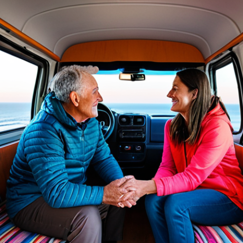 **Subject:** A mature man and woman, a couple, are sharing a peaceful moment.
    **Clothing:** Both are fully clothed in comfortable, modest travel attire, appropriate for outdoor leisure.
    **Environment:** They are sitting just inside the open door of a modern, well-maintained campervan. The stunning view outside is a vibrant sunset over the rugged coast of Cádiz, Spain. The sky is painted with breathtaking oranges, pinks, and deep violets, with the gentle murmur of waves visible in the distance.
    **Details:** Their expressions are serene and content, reflecting a shared appreciation of the beautiful scenery. The interior of the campervan is tidy and functional.
    **Quality & Safety:** Professional photography, high resolution, soft natural light, perfect anatomy, correct proportions, well-formed hands, proper finger count, natural body proportions, safe for work, appropriate content, fully clothed, modest clothing, family-friendly.