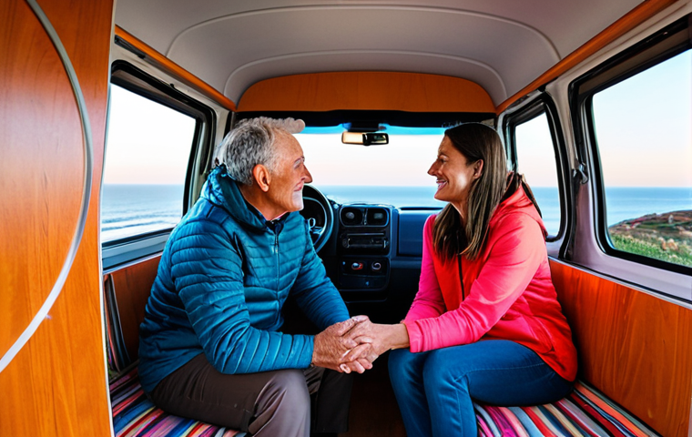 **Subject:** A mature man and woman, a couple, are sharing a peaceful moment.
    **Clothing:** Both are fully clothed in comfortable, modest travel attire, appropriate for outdoor leisure.
    **Environment:** They are sitting just inside the open door of a modern, well-maintained campervan. The stunning view outside is a vibrant sunset over the rugged coast of Cádiz, Spain. The sky is painted with breathtaking oranges, pinks, and deep violets, with the gentle murmur of waves visible in the distance.
    **Details:** Their expressions are serene and content, reflecting a shared appreciation of the beautiful scenery. The interior of the campervan is tidy and functional.
    **Quality & Safety:** Professional photography, high resolution, soft natural light, perfect anatomy, correct proportions, well-formed hands, proper finger count, natural body proportions, safe for work, appropriate content, fully clothed, modest clothing, family-friendly.