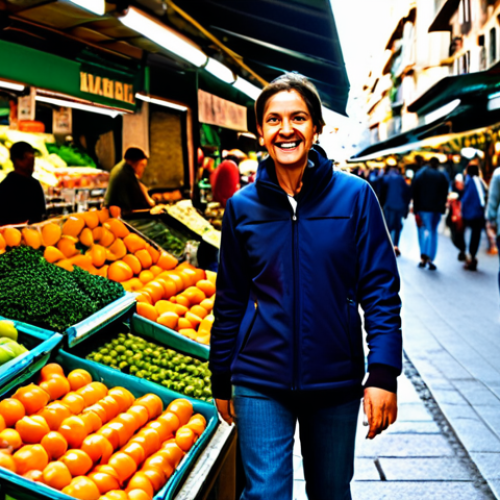 **

A couple strolling through Mercado de la Boqueria in Barcelona, Spain. They are smiling and looking at a stall filled with colorful fruits and vegetables. The market is bustling with people. Focus on the vibrant colors, the expressions of joy, and the authentic atmosphere.  *Quality modifiers: professional photography, high resolution, natural lighting.*  Safe for work, appropriate content, fully clothed, modest, family-friendly.

**
