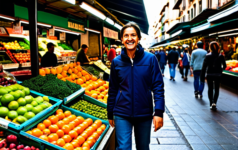 **

A couple strolling through Mercado de la Boqueria in Barcelona, Spain. They are smiling and looking at a stall filled with colorful fruits and vegetables. The market is bustling with people. Focus on the vibrant colors, the expressions of joy, and the authentic atmosphere.  *Quality modifiers: professional photography, high resolution, natural lighting.*  Safe for work, appropriate content, fully clothed, modest, family-friendly.

**