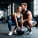 헬스장 커플 트레이닝 - **

A couple doing squats together in a gym. The woman is holding a medicine ball, and the man is su...