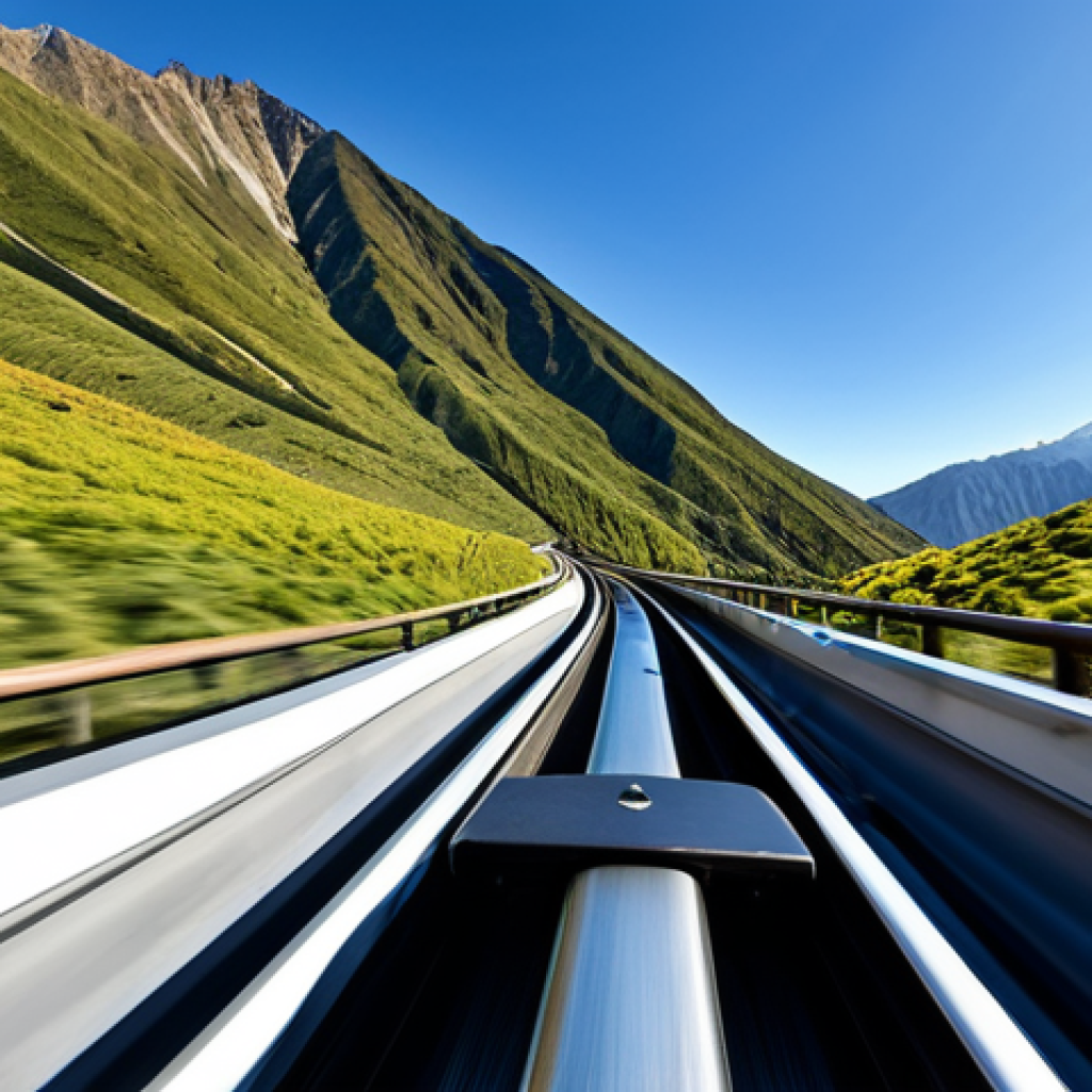 사계절 썰매장 체험 - **Prompt:** A thrilling, dynamic low-angle perspective shot from the front of a sleek, modern Alpine...