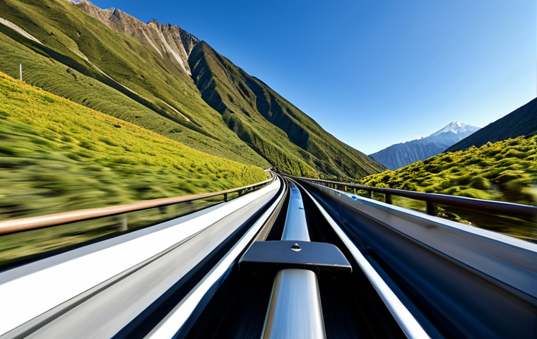 사계절 썰매장 체험 - **Prompt:** A thrilling, dynamic low-angle perspective shot from the front of a sleek, modern Alpine...