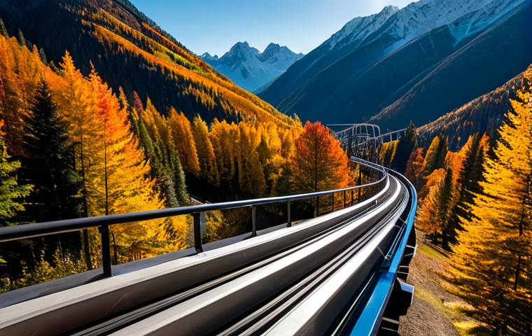 사계절 썰매장 체험 - **Prompt:** A thrilling, dynamic low-angle perspective shot from the front of a sleek, modern Alpine...