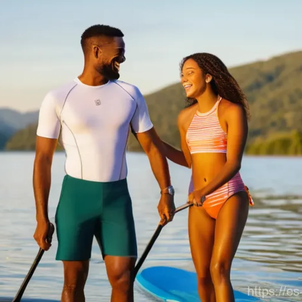 워터스포츠 체험 데이트 - **Prompt:** "A diverse couple in their late twenties, paddleboarding on a calm, sun-drenched lake du...