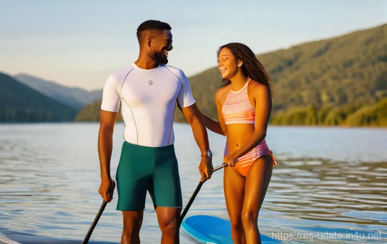 워터스포츠 체험 데이트 - **Prompt:** "A diverse couple in their late twenties, paddleboarding on a calm, sun-drenched lake du...