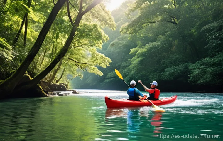 워터스포츠 체험 데이트 - **Prompt:** "A diverse couple in their late twenties, paddleboarding on a calm, sun-drenched lake du...