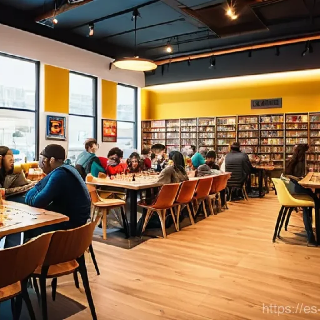 보드게임 카페 챌린지 - **Prompt:** A cozy, bustling board game cafe with warm, inviting lighting. Diverse groups of young a...