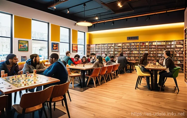보드게임 카페 챌린지 - **Prompt:** A cozy, bustling board game cafe with warm, inviting lighting. Diverse groups of young a...