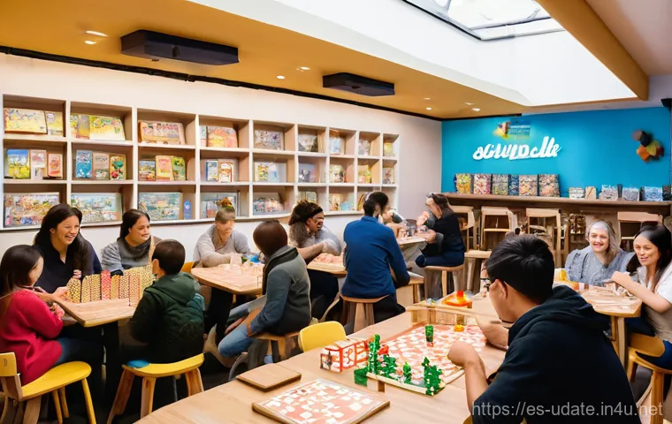 보드게임 카페 챌린지 - **Prompt:** A close-up, dynamic shot of a diverse group of three to four friends (mid-20s to early 3...