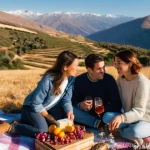 일출   일몰 감상 데이트 - **Prompt:** A serene and intimate golden hour sunset picnic scene on a secluded hilltop mirador in t...