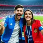 스포츠 경기 관람 데이트 - **"Electrifying Stadium Date"**
    A diverse young couple (late 20s to early 30s) is at a vibrant, ...