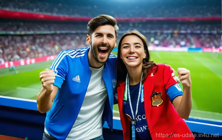 스포츠 경기 관람 데이트 - **"Electrifying Stadium Date"**
A diverse young couple (late 20s to early 30s) is at a vibrant, ...