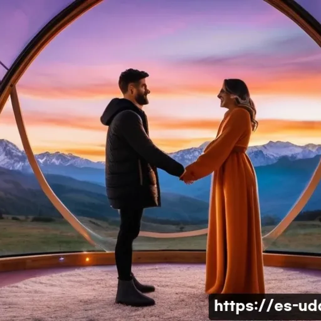 야외 글램핑 데이트 - **Enchanted Mountain Dome Retreat at Sunset**
A romantic scene featuring a young couple (man and...