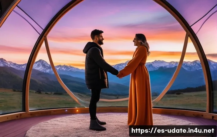 야외 글램핑 데이트 - **Enchanted Mountain Dome Retreat at Sunset**
A romantic scene featuring a young couple (man and...
