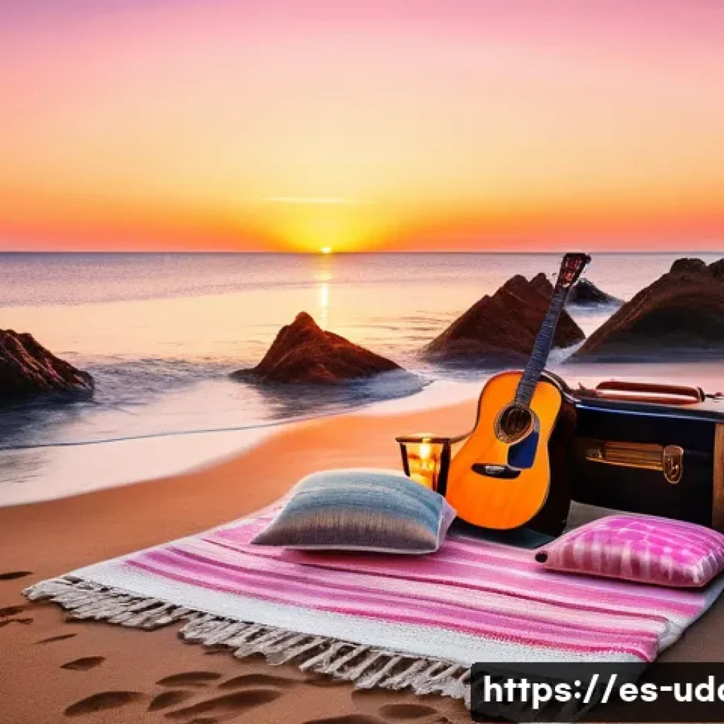 바닷가 조개구이 데이트 - A romantic beach scene at sunset on the Costa Brava, featuring a cozy picnic setup with a colorful b...