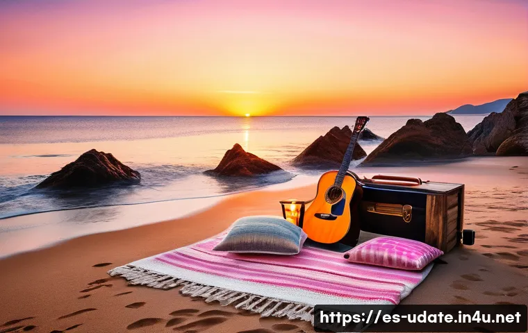 바닷가 조개구이 데이트 - A romantic beach scene at sunset on the Costa Brava, featuring a cozy picnic setup with a colorful b...
