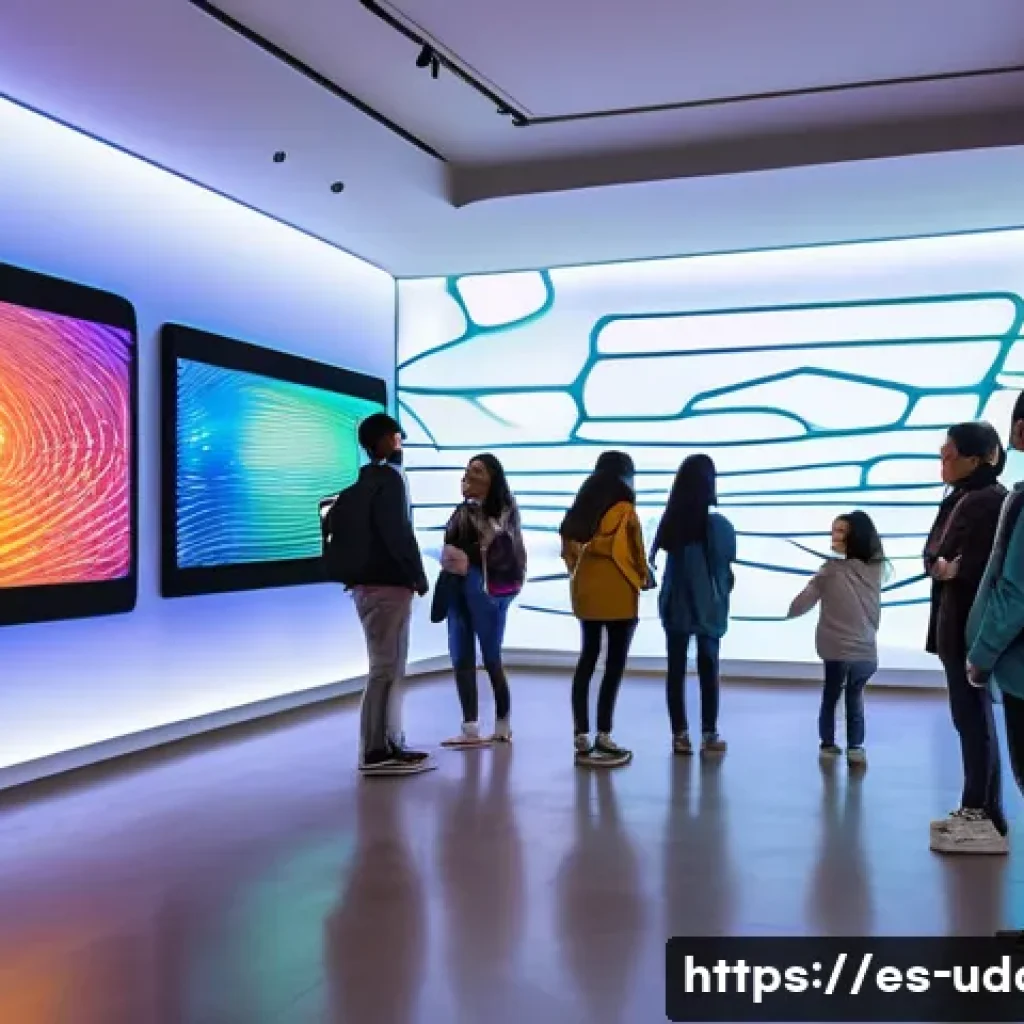 디지털 아트 뮤지엄 - A futuristic art museum interior featuring interactive digital installations with motion sensors res...