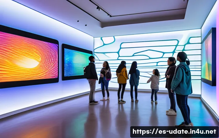 디지털 아트 뮤지엄 - A futuristic art museum interior featuring interactive digital installations with motion sensors res...