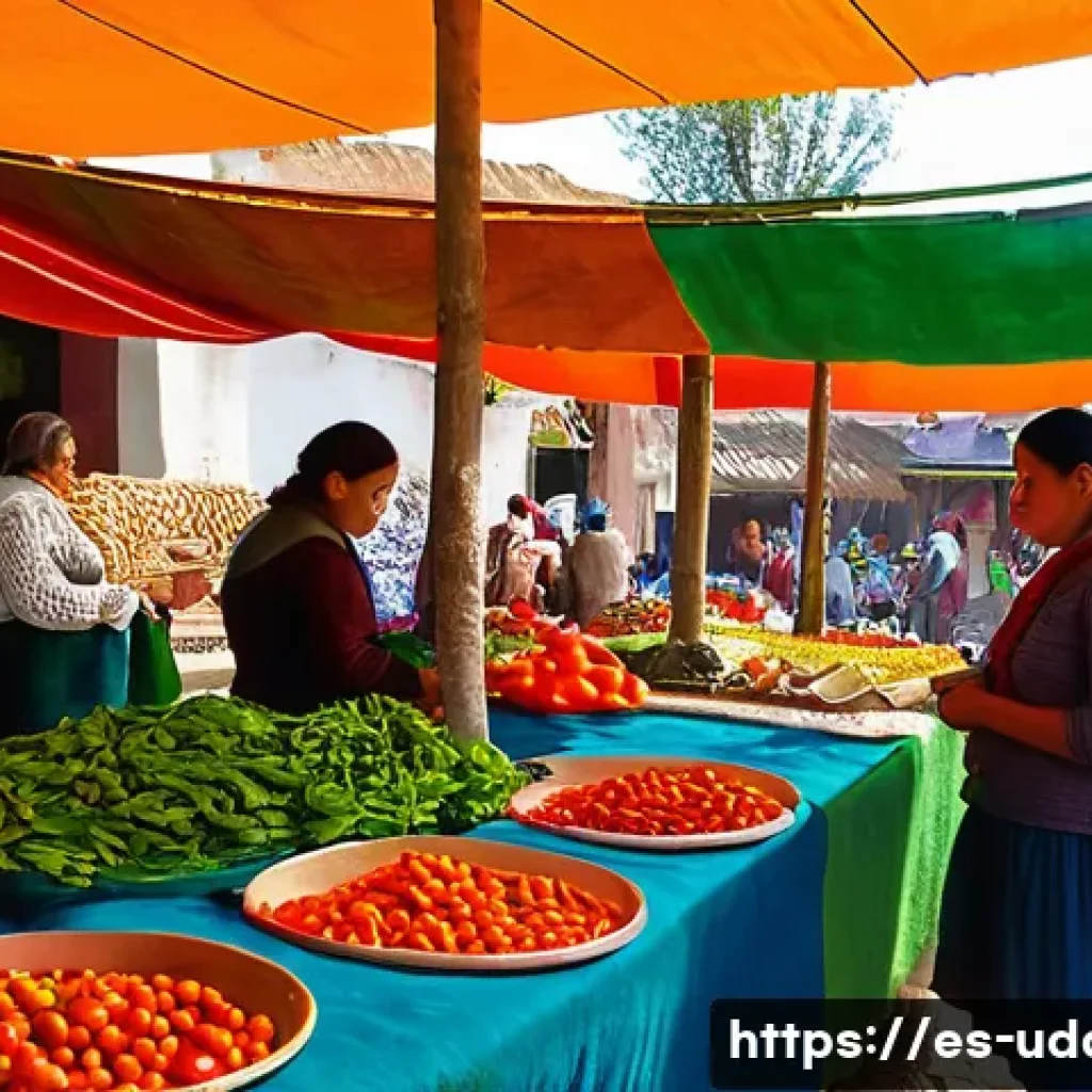전통시장 투어 - A vibrant traditional Mexican market scene in Oaxaca, bustling with local farmers and artisans selli...