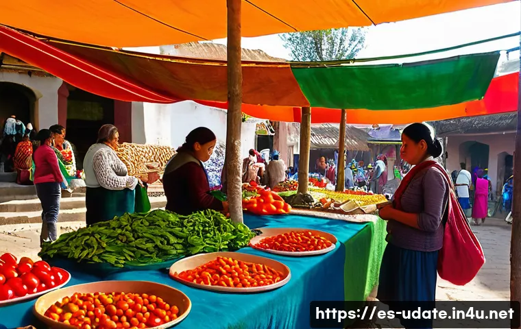 전통시장 투어 - A vibrant traditional Mexican market scene in Oaxaca, bustling with local farmers and artisans selli...