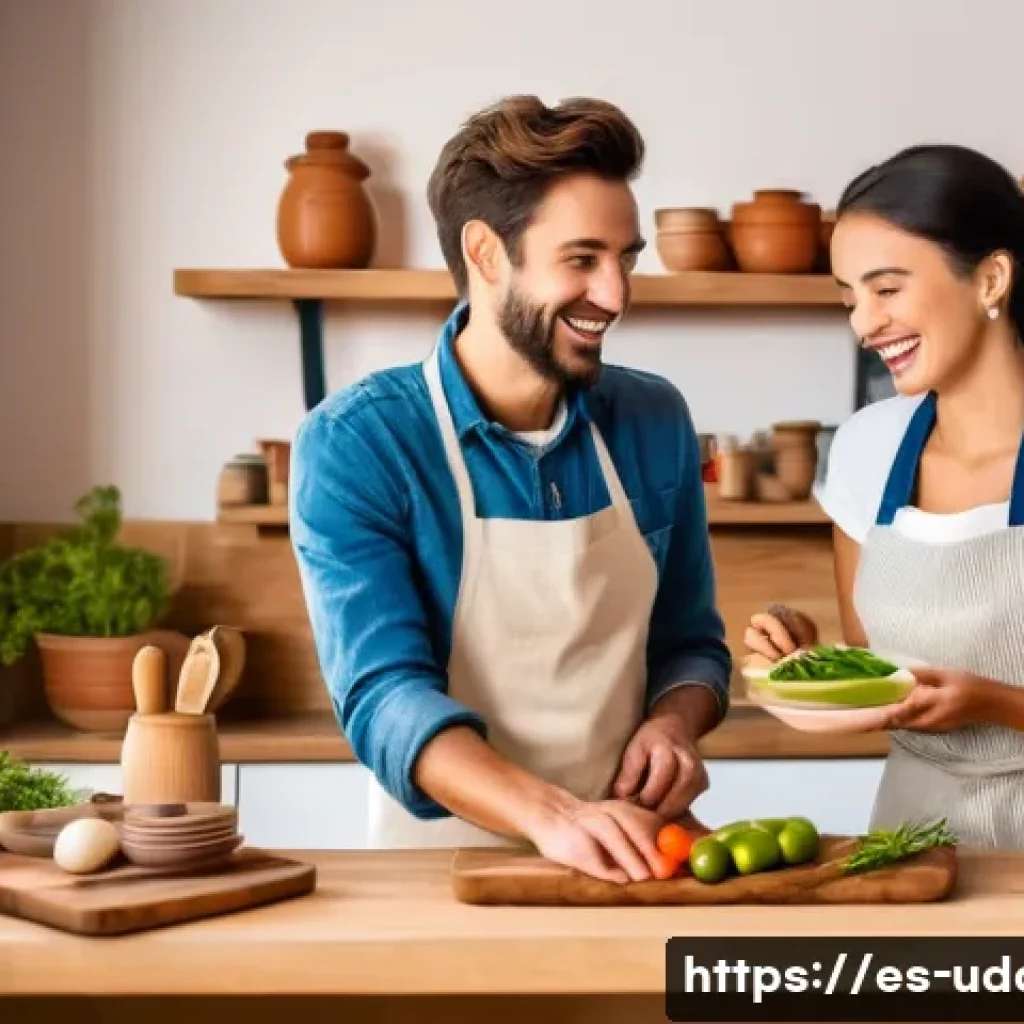 요리 클래스 데이트 - A joyful young couple cooking together in a cozy, warmly lit Spanish kitchen, wearing casual clothes...