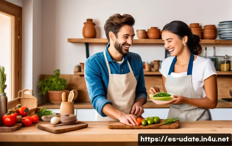 요리 클래스 데이트 - A joyful young couple cooking together in a cozy, warmly lit Spanish kitchen, wearing casual clothes...