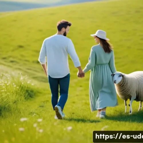 양떼목장 데이트 - A serene rural scene featuring a young couple dressed in comfortable casual clothing, walking hand i...