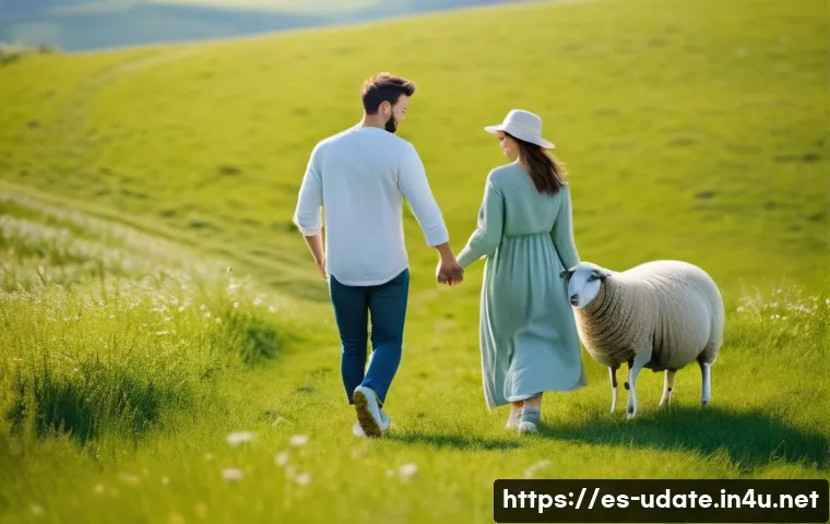 양떼목장 데이트 - A serene rural scene featuring a young couple dressed in comfortable casual clothing, walking hand i...