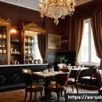 고풍스러운 카페 탐방 - An elegant, vintage caf&eacute; interior in Madrid, featuring intricately carved dark wood furniture, large...