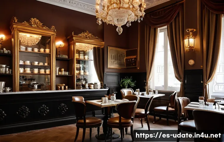 고풍스러운 카페 탐방 - An elegant, vintage café interior in Madrid, featuring intricately carved dark wood furniture, large...