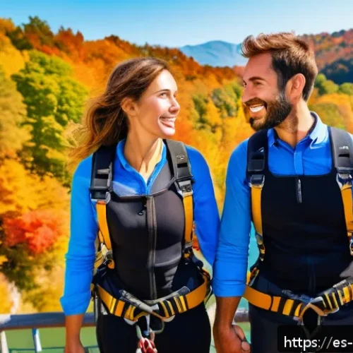 번지점프 데이트 - A couple preparing to bungee jump together on a famous Spanish bridge during autumn, both wearing se...