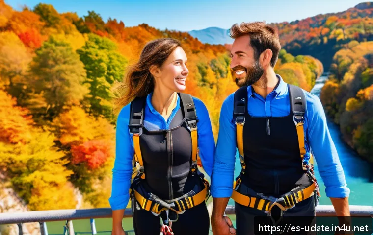 번지점프 데이트 - A couple preparing to bungee jump together on a famous Spanish bridge during autumn, both wearing se...