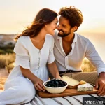 외국 음식 체험 데이트 - A romantic Mediterranean seaside picnic scene at sunset, featuring a couple sharing a rustic wooden ...