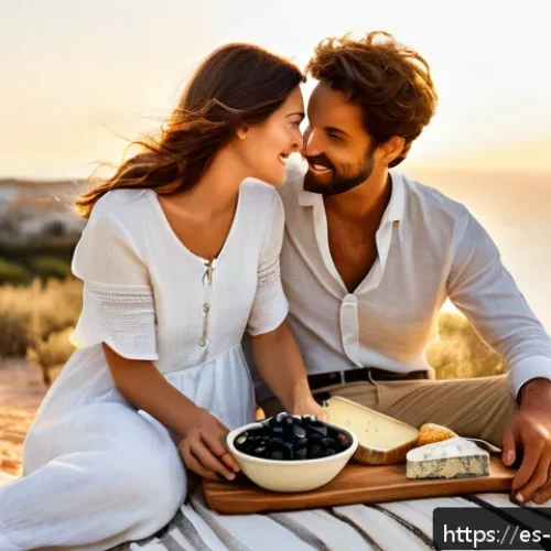 외국 음식 체험 데이트 - A romantic Mediterranean seaside picnic scene at sunset, featuring a couple sharing a rustic wooden ...
