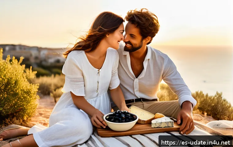 외국 음식 체험 데이트 - A romantic Mediterranean seaside picnic scene at sunset, featuring a couple sharing a rustic wooden ...