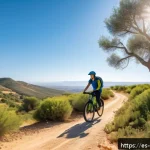 전기 자전거 투어 - A scenic natural park trail in southern Spain during golden hour, featuring a young adult riding an ...