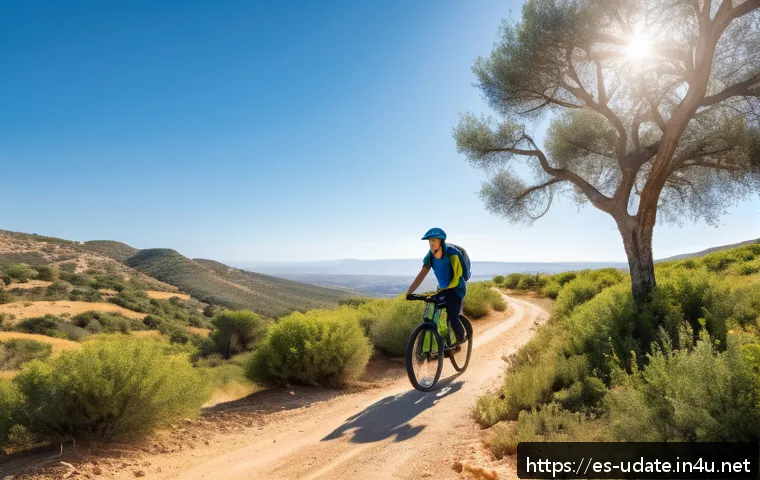 전기 자전거 투어 - A scenic natural park trail in southern Spain during golden hour, featuring a young adult riding an ...