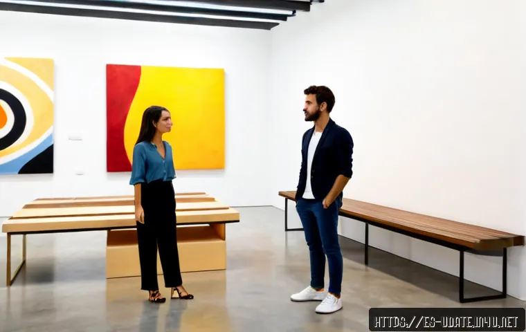 미술관 갤러리 데이트 - Photorealistic elegant young Spanish couple on a relaxed art gallery date in Madrid, standing side b...