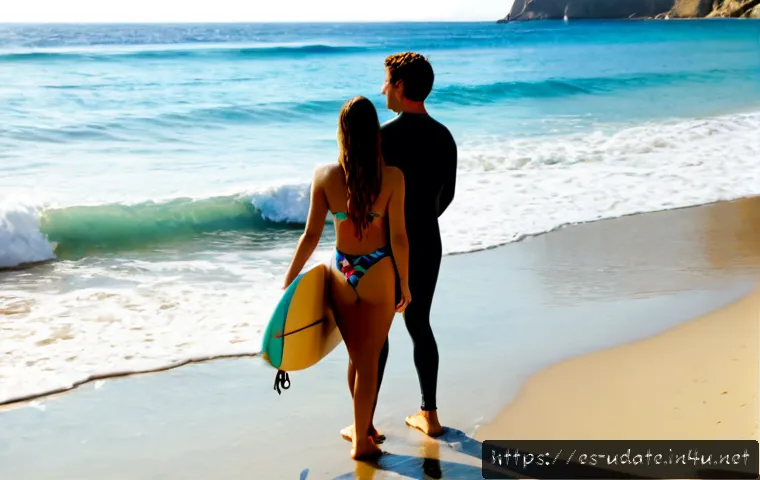 서핑 체험 데이트 - Photorealistic young Spanish-speaking couple enjoying a beginner surfing date on a sunny Mediterrane...
