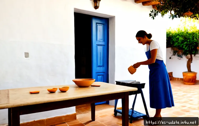 한옥 체험 데이트 - Photorealistic romantic cultural date in a traditional Andalusian courtyard house, a stylish adult S...