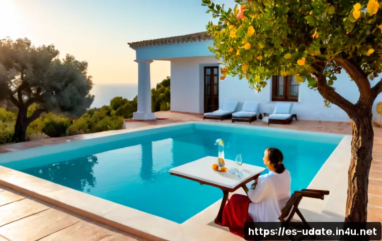 프라이빗 풀빌라 데이트 - Photorealistic romantic private pool villa date in coastal Spain, elegantly dressed adult couple rel...