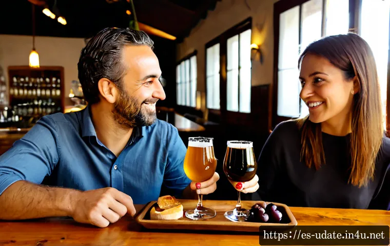 수제 맥주 체험 데이트 - Photorealistic craft beer tasting date in a cozy independent Spanish brewery, smiling adult couple s...