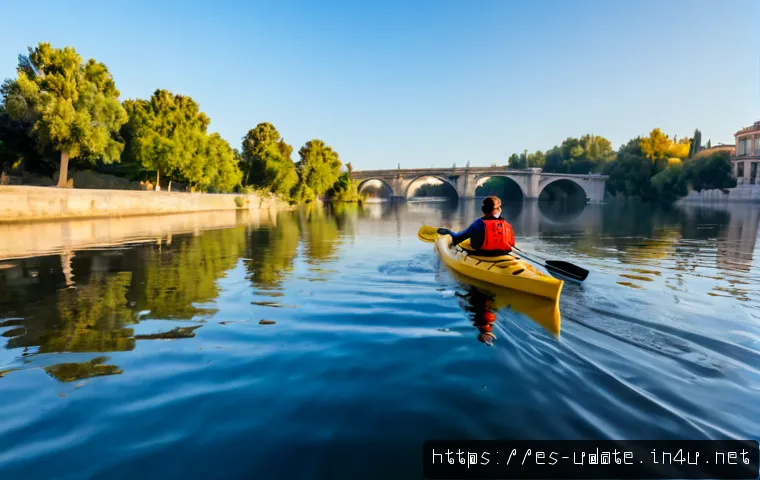 Home 17 한강 카약 체험 - Photorealistic early morning kayaking experience on the calm Manzanares River in Madrid, Spain, a sm...