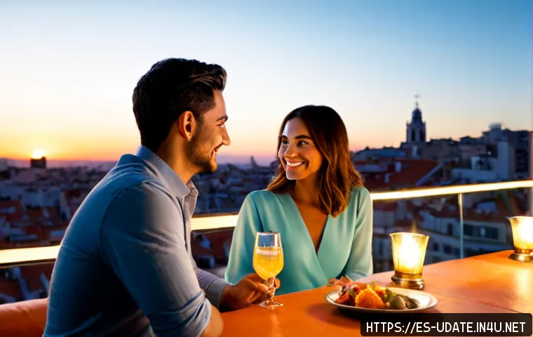 루프탑 바 데이트 - Photorealistic rooftop bar date in Madrid at golden hour, stylish Hispanic couple in elegant casual ...